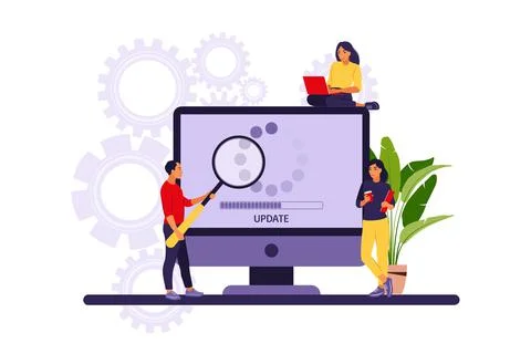 Update concept. Programmers upgrading operation system of computer. Vector il Stock Illustration