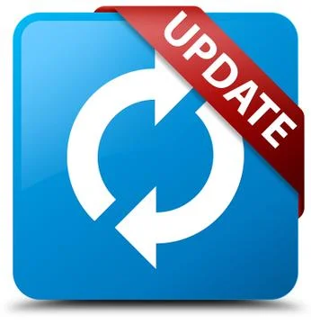 Update cyan blue square button red ribbon in corner Stock Photos