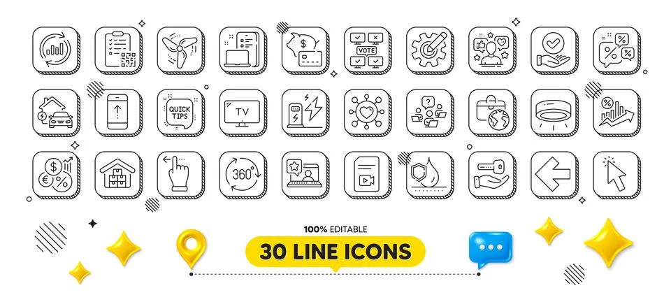 Update data, Approved checkbox and Tv line icons pack. For web app. 3d design Illustrazione stock