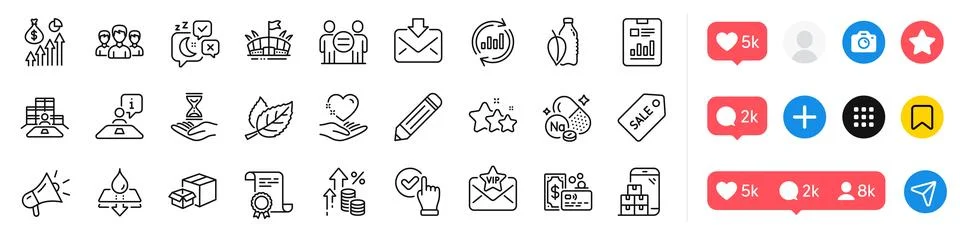 Update data, Certificate and Arena line icons pack. For web app. Social media Illustration