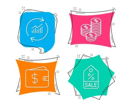 Update data, Coins and Dollar wallet icons. Sale coupon sign. Sales statistics Illustrazione stock