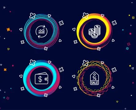 Update data, Coins and Dollar wallet icons. Sale coupon sign. Sales statistics Stock Illustration