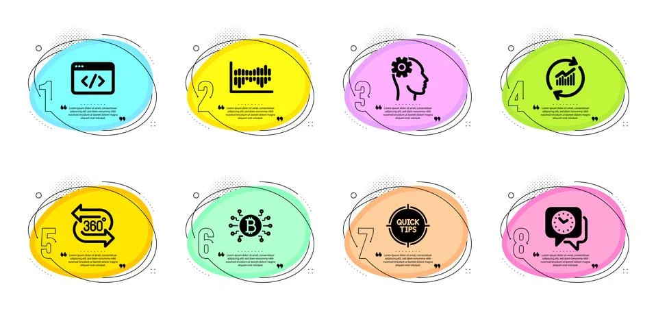 Update data, Column diagram and Tips icons set. Bitcoin system, Clock and 360 Stock Illustration