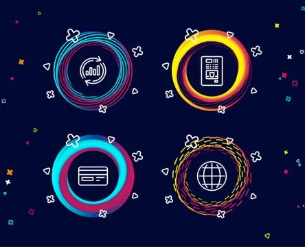 Update data, Credit card and Coffee vending icons. Globe sign. Illustrazione stock