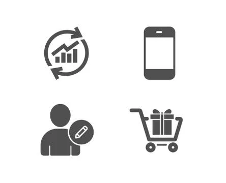 Update data, Edit user and Smartphone icons. Shopping cart sign. Illustrazione stock