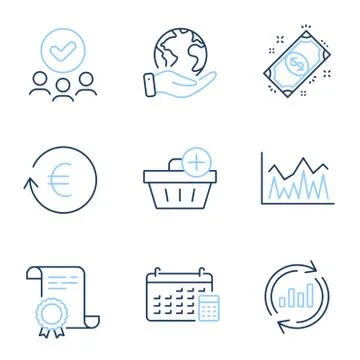 Update data, Exchange currency and Calendar icons set. Payment, Investment and Illustrazione stock