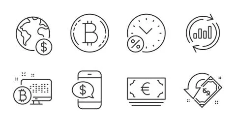 Update data, Phone payment and Loan percent icons set. Bitcoin system, Global Stock Illustration