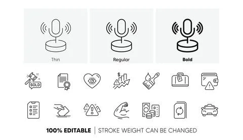 Update document, Brush and Strong arm line icons. For web app, printing. Line Stock Illustration