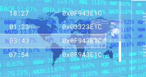 On update, HUD and map animating: tickers scrolling, chart rising, globe Stock Footage 334505038