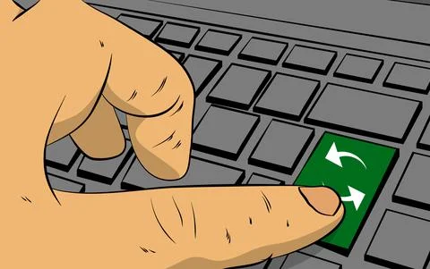 Update icon on computer keyboard. Man pushing keypad on laptop. Comic book st Illustrazione stock