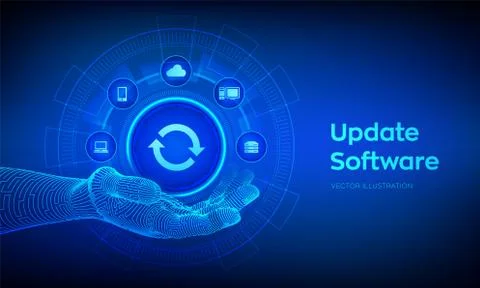 Update icon in robotic hand. Upgrade Software version concept on virtual scre Stock Illustration