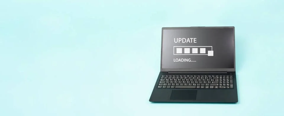 Update loading, laptop screen with progress bar, upload data, business con... Stock Photos