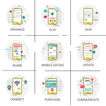 Update New Apps Share Save Play Communicate Purchase Organize, Cell Smart Phone Stock Illustration