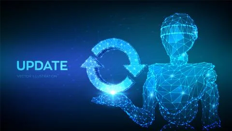 Update or Synchronization icon. Abstract 3d low polygonal robot holding updat Stock Illustration