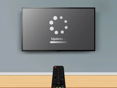 Update progress on LCD TV screen. Remote control is pointed at the TV on the  Stock Illustration
