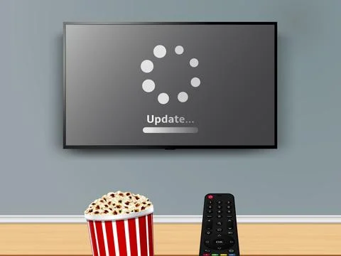 Update progress on LCD TV screen. Popcorn and remote control in front of tv s Stock Illustration