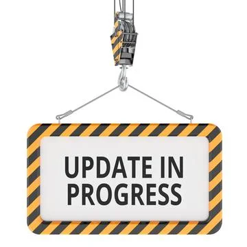 Update in Progress sign suspended from crane hook, 3d rendering Stock Illustration