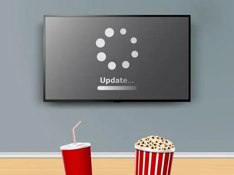 Update progress on tv screen. Watching tv with soda cup and popcorn box. Stock Illustration