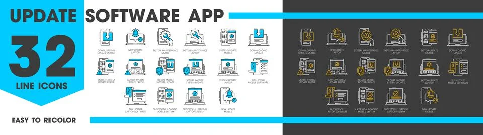 Update software app line icons isolated vector set Illustrazione stock