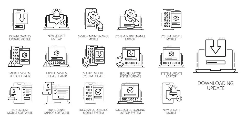 Update software app line icons, computer, phone Stock Illustration