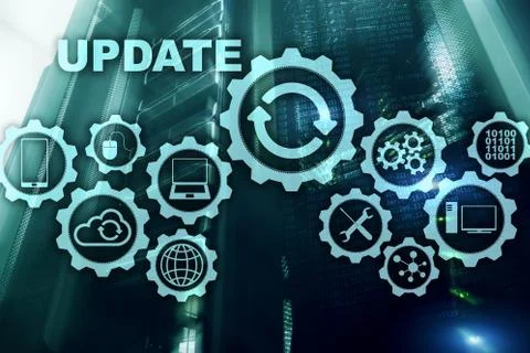 Update Software Computer on Virtual Screen Server Room Datacenter Background Stock Photos