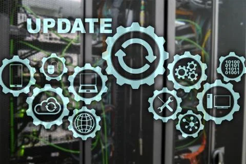 Update Software Computer on Virtual Screen Server Room Datacenter Background Foto stock