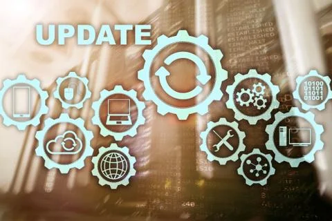 Update Software Computer on Virtual Screen Server Room Datacenter Background Stock Photos