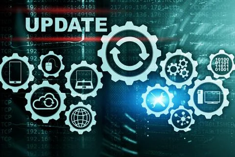 Update Software Computer on Virtual Screen Server Room Datacenter Background Stock Photos