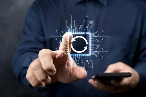 Update software concept. Person touching program upgrade technology on virt.. Foto stock