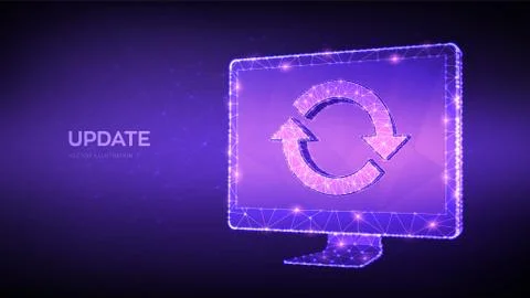 Update, Synchronization, Processing concept. Abstract low polygonal computer  Illustrazione stock