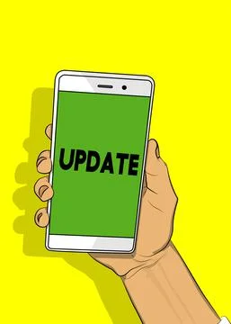 Update text on Smartphone screen. Cartoon vector illustrated mobile phone. Stock Illustration
