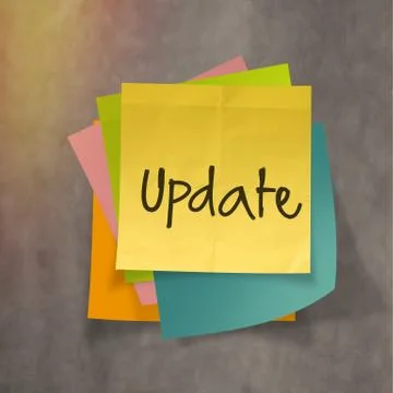 "update" text on sticky note paper on wall texture 库存插图