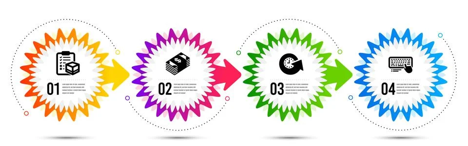 Update time, Parcel checklist and Computer keyboard icons set. Usd currency sign Stock Illustration