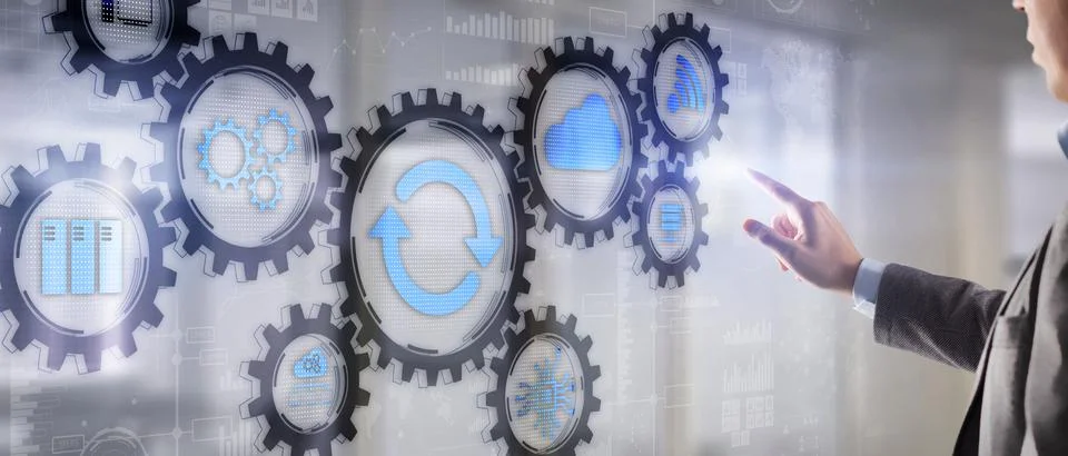 Update on virtual screen. Internet and technology concept. Man presses with his Stock Photos
