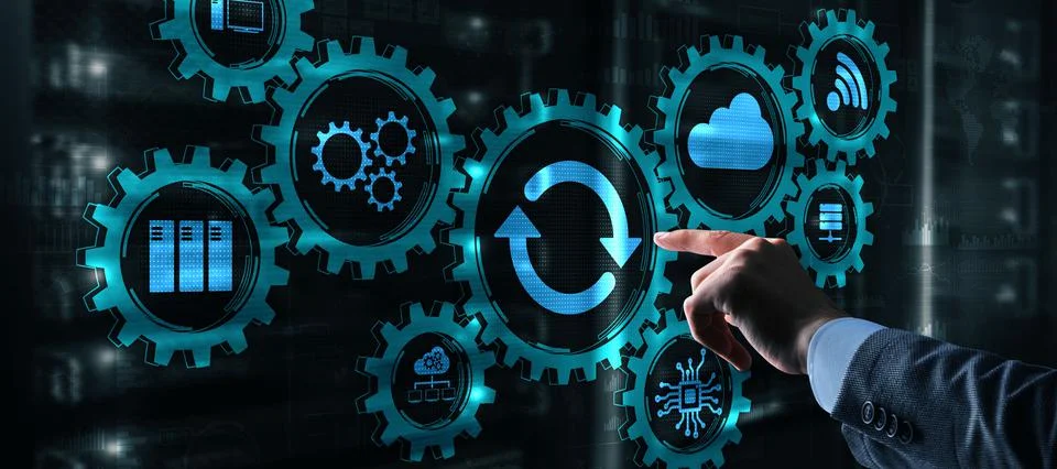 Update on virtual screen. Internet and technology concept. Man presses with his Stock Photos