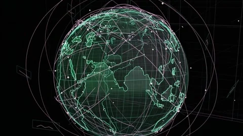 On update wire globe rotating view orbiting nodes pulsing to show network on Stock Footage 334727174