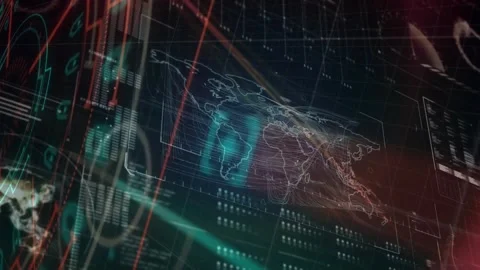 On update wireframe map revealing pulsing HUD sweeping red graph centering S Video stock 328223882