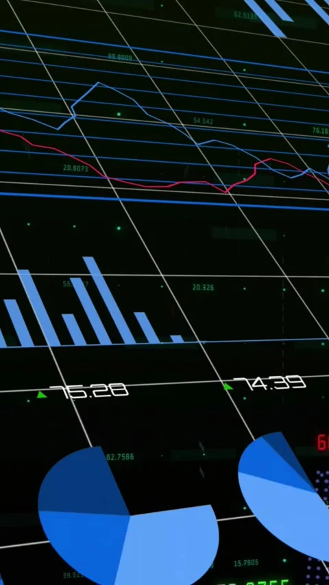 Updating data HUD responding to incoming feed on dark grid, bars, lines, Stock Footage 330333108