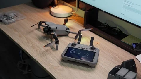 Updating DJI Mini 5 Pro firmware at studio workspace on September 5 2026 스톡 동영상 344619470