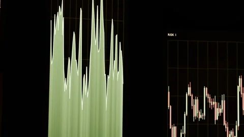 Updating green chart white-edge showing peaks at desk from live feed, tracking Stock Footage 344173883
