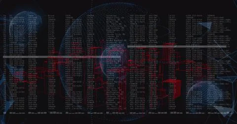 Updating red wireframe network receiving vertical numeric columns on dashboard, Stock Illustration