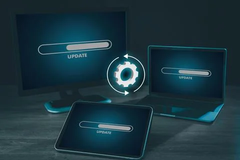Updating software update system man progress bar update progress on laptop .. Fotos de archivo