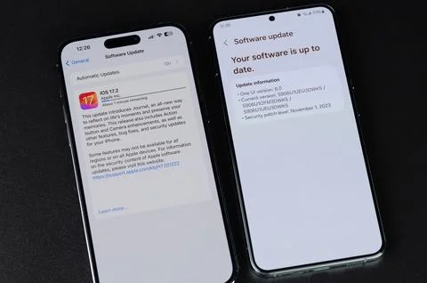 Updating system in Iphone and Android smartphone Stock Photos