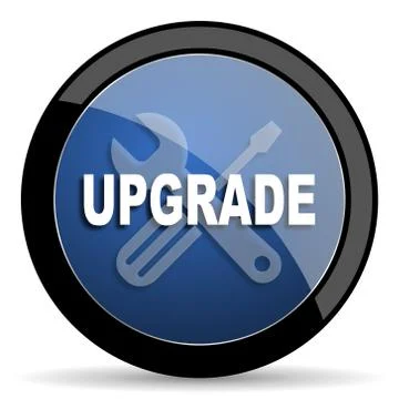 Upgrade blue circle glossy web icon on white background, round button for int Stock Illustration
