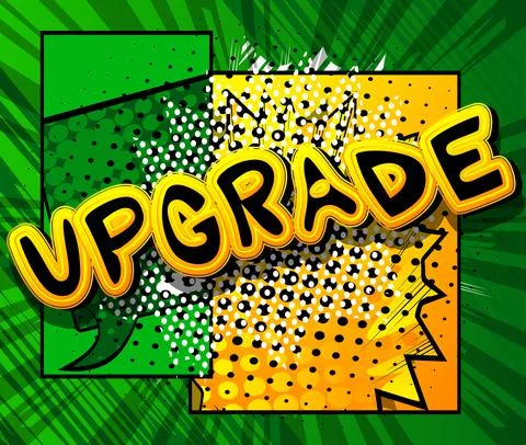 Upgrade. Comic book word text on abstract comics background. Retro pop art st Stock Illustration