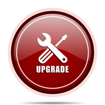 Upgrade red glossy round web icon. Circle isolated internet button for webdes Ilustración de archivo