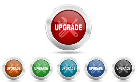 Upgrade round glossy icon set, colored circle metallic design internet button Ilustración de archivo