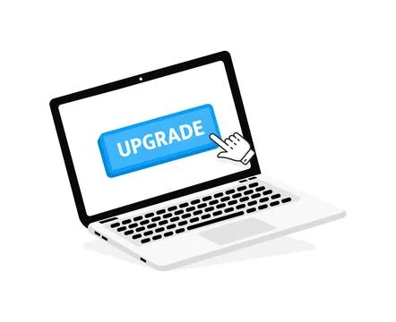 Upgrade text on Laptop screen with a red button . Button with pointer clicking Stock Illustration