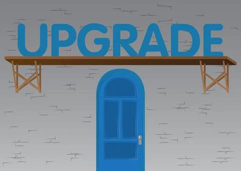 Upgrade text, upgrading software program concept with front door background.  Stock Illustration