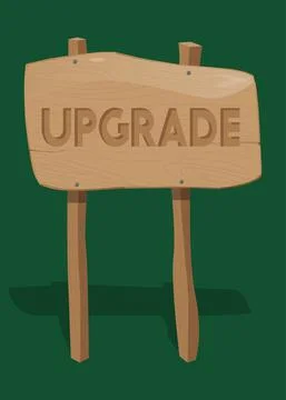 Upgrade text, upgrading software program concept on Wooden sign. Cartoon vect Stock Illustration
